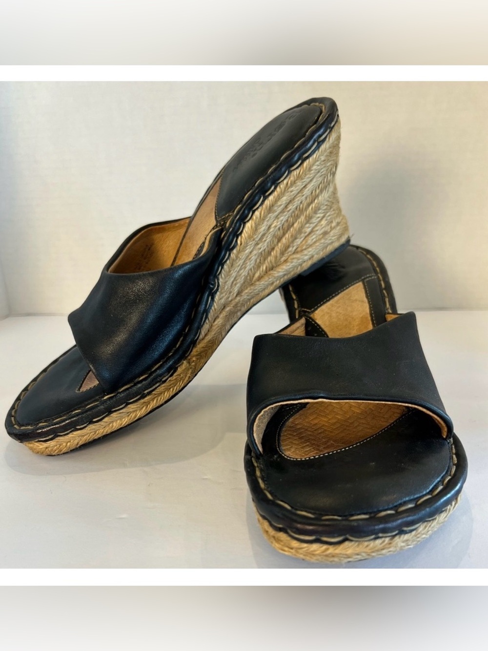 Born drilles Black Espadrilles Wedge Cushioned Leather Sandals